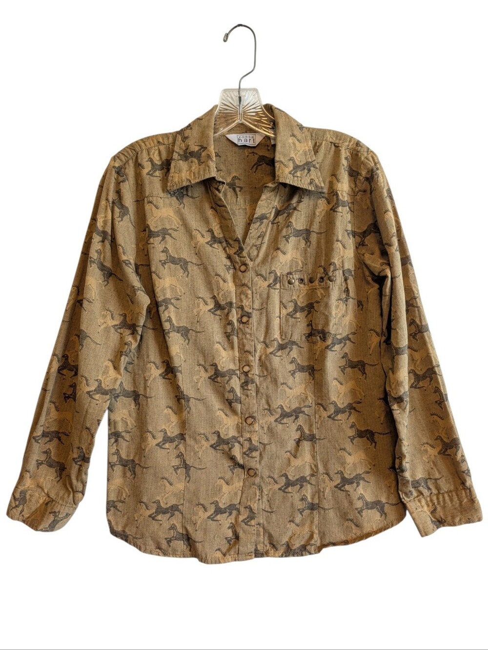 Keren Hart Horse Pattern Pearl Snap V Neck Shirt Size Small Equestrian